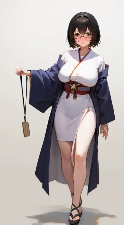 Stema Peace、hanekawa tsubasa、attack of glasses、A dark-haired、large boob、 (Black hair, Brown eyes, Round face), (nose blush, half opened eye),, [Full body shot]、eye glass、Head-to-toe shots、A dark-haired、wearing kimonos、The neck and hem are exposed、