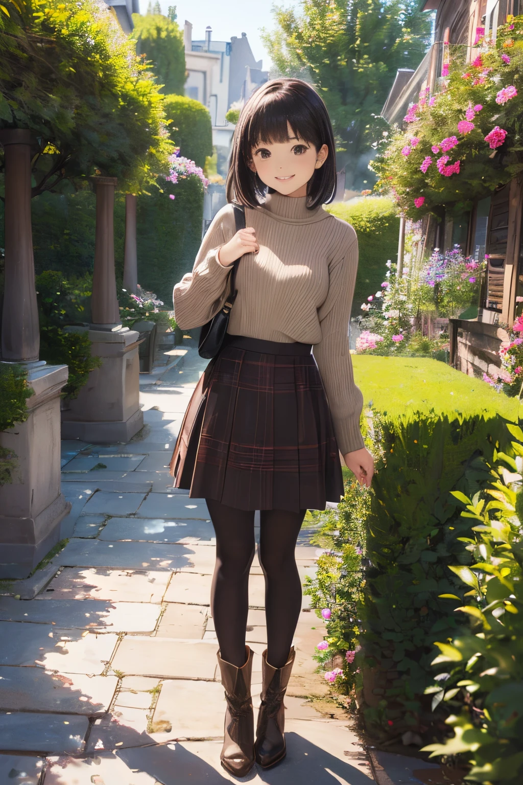 (High quality, High resolution, Ultra-detailed, Realistic:1.37), peaceful ambiance, (plein air, garden), Teenage girl standing alone, small tits, Beautiful detailed features, Cute smile, (Black bob hair), Ribbed sweater, Red plaid skirt, Black tights, Brown boots.