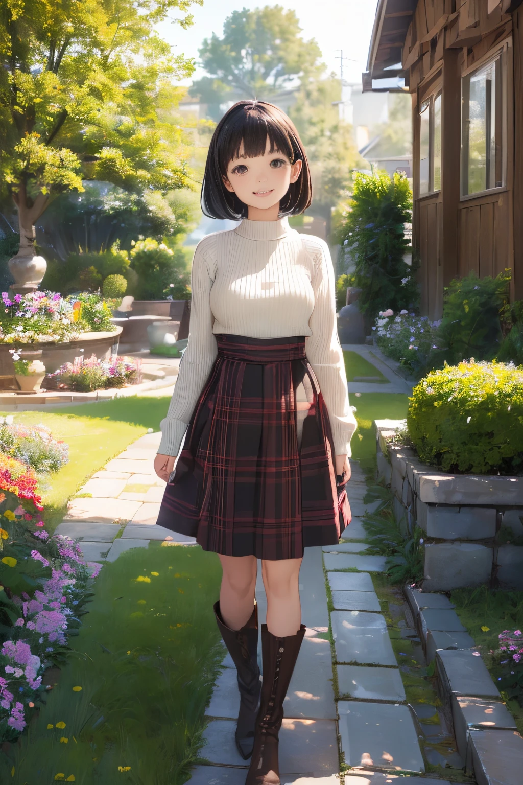 (High quality, High resolution, Ultra-detailed, Realistic:1.37), peaceful ambiance, (plein air, garden), Teenage girl standing alone, small tits, Beautiful detailed features, Cute smile, (Black bob hair), Ribbed sweater, Red plaid skirt, Black tights, Brown boots.