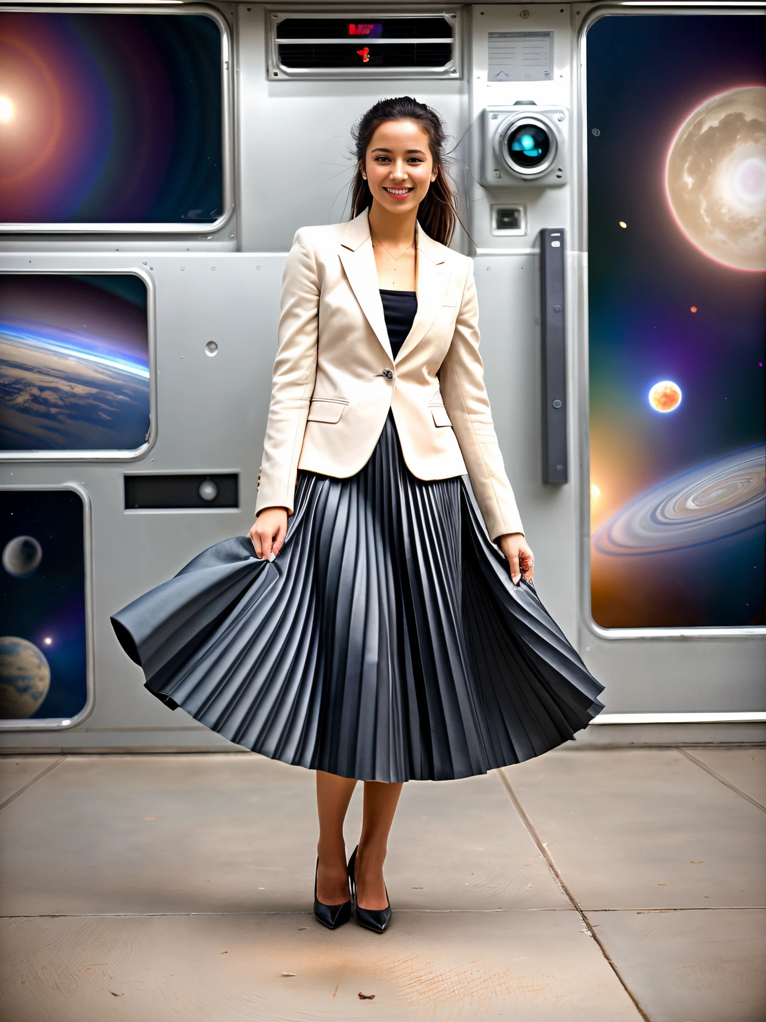 (shy:1,3) smiling woman playing with skirt, dancing, wearing short blazer and very very detailed (long (fully pleated) full circle skirt) and () low heeled office shoes, very very intricate hyper-detailed symmetric (attractive graceful young feminine face) with (sad, tired eyes and a shy smile), large breasts, full of empathy and compassion and love, (pronounced (feminine) features), (highly detailed ultra accurate realistic) hands and fingers, (windy conditions and wind blowing), epic composition, highly detailed attributes, highly detailed space station background, (35mm f1.4 Kodak portra 400 photograph), extremely high quality RAW photograph,