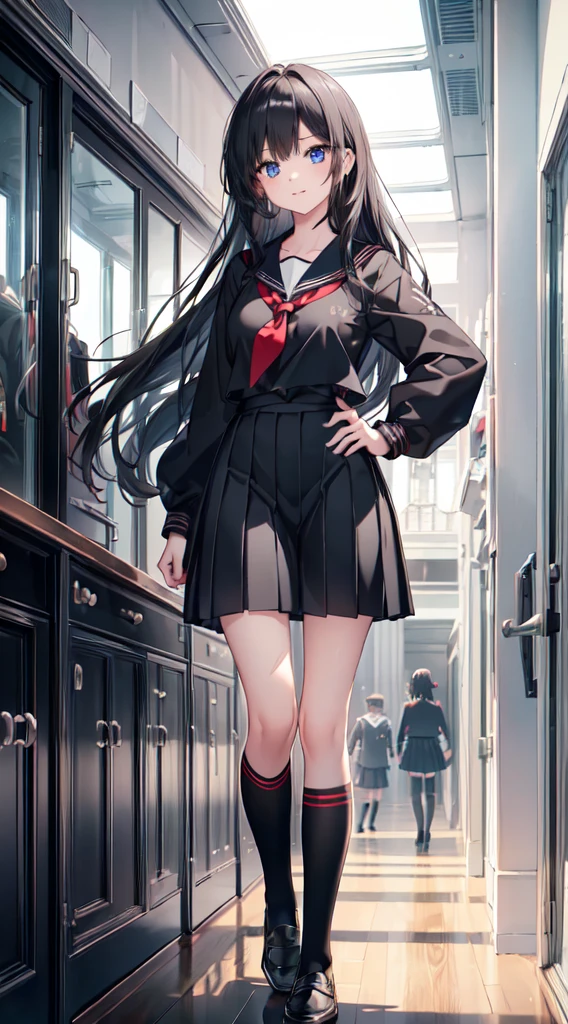8k, (ultra-detailed:1.3, master piece:1.3, best quality:1.3, high resolution:1.3), 18year old, High school students, 1 person, (a girl, beautiful face, large and beautiful breasts, Blue eyes), eyes in highlight, catch light eyes, specular highlight eyes, (long hair, black hair), (long sleeve black sailor suit, black sailor color, Black pleated skirt, Separated uniforms, red ribbon tie, Black high socks, loafers) collarbone, from the front side, shoot from front, whole body), Smile with teeth, school corridor, (standing, one hand on hip)