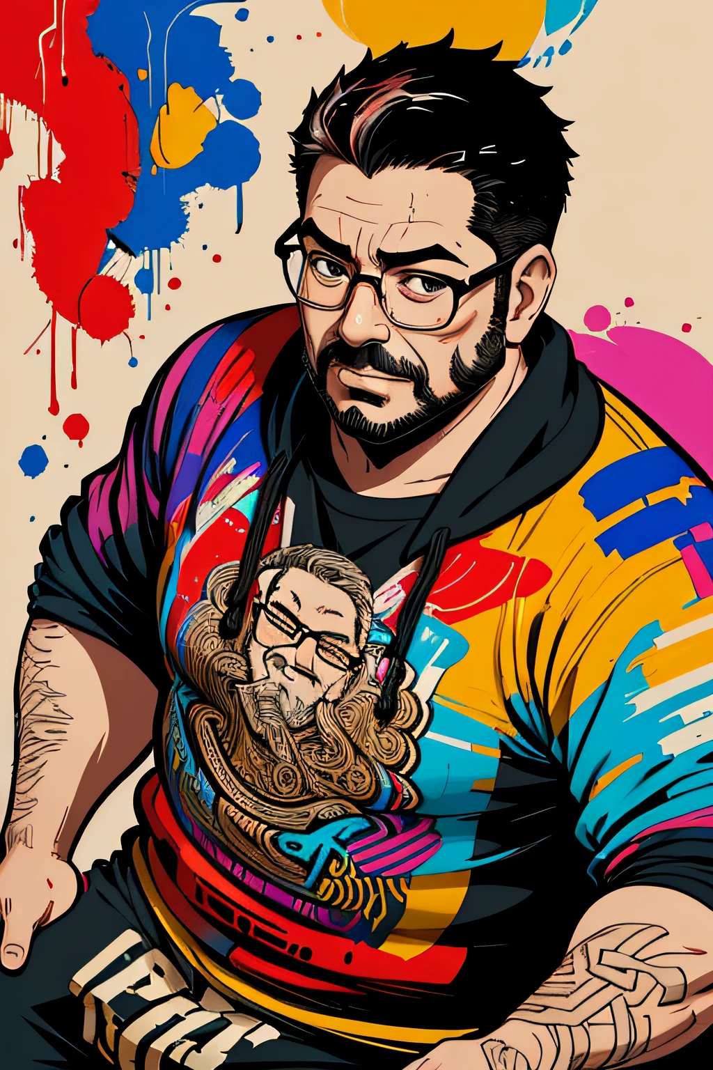 up of face, age 40s, male people, Fat, put on glasses, oilpaint, Block printing, graffiti art, abstract paintings, color splashes, Illustration, Abstract face, full-length, Flirty dynamic pose, Rough brush strokes, Soothing tones, Subdued Color, (Intricate details:1.12), nffsw, (Intricate details, hyperdetails:1.15), Ramen,