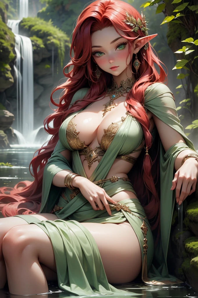 (Masterpiece - Ultra-Detailed, High Resolution) Prepare to be enchanted by a true masterpiece that combines ultra-detailed art with high-resolution rendering. This work shows a mesmerizing and sexy young elf with very large breasts and red hair. Green eyes, transparent white dress, with a snake wrapped around her neck, bathing in a waterfall, lying in the water, with forest and waterfall as an illustration. Get ready to dive into a world where beauty and craftsmanship merge perfectly.