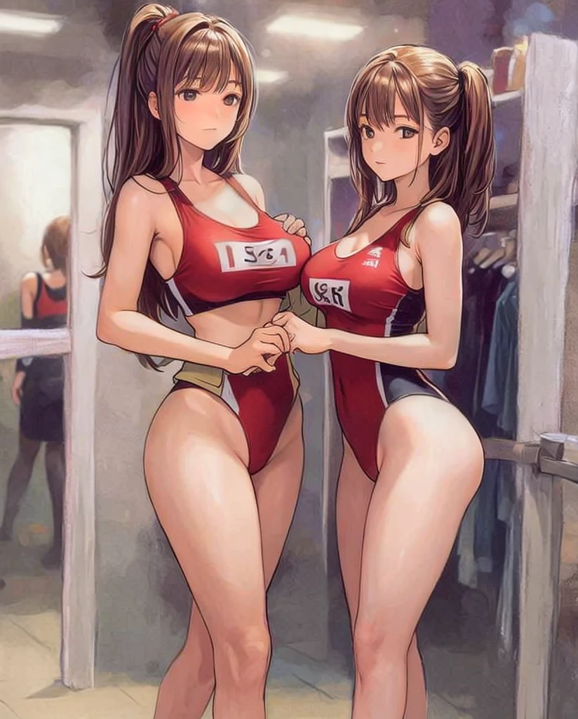 A beautiful woman with shoulder-length brown hair, big breasts, and beautiful legs is standing in a changing room in a red competitive swimsuit.。