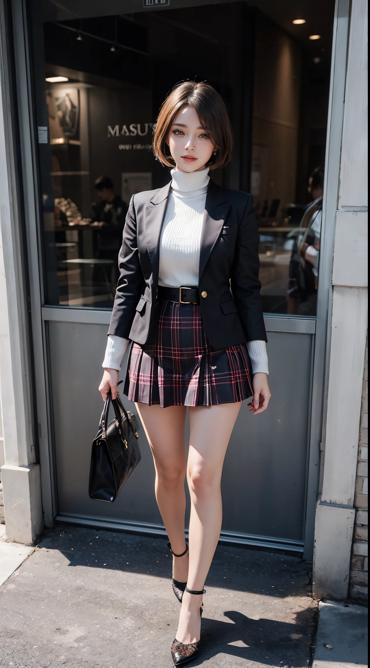 Beautiful girl standing in front of a store in a shopping mall,
(A hyper-realistic,hight resolution, ighly detailed:1.2), (8K), (beatiful detailed eyes, A detailed face:1.2), (top-quality), (ultra-detailliert), (( masutepiece)),Best Quality,Very detailed,
Beautiful woman standing wearing a dark red plaid single-breasted blazer ,BREAK, white turtleneck sweater dress,BREAK,
Blue Belted High Waist Flare Jumper Skirt,BREAK,
Black Medium Bob, Beautiful meticulous eyes, Cute face, Bust, Big Bossom, Beautiful meticulous face, Seductive smile,
25 years old, mature appearance, Realistic drawing art ,
1womanl, (full body Esbian:1.2),(Head to bust image scope),