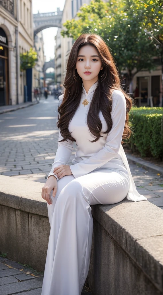 bestquality,masterpiece,ultra-high resolution,(photorealistic portrait:1.4),1 girl, bara,A Beautiful Girl , 18-20 years old , long-haired , Wearing a white Ao Dai outfit. , Full body portrait , art style , bright lighting , Posing on the streets of Paris , Shot with a Canon EOS 5D Mark IV camera., By adjusting the light to be softer.