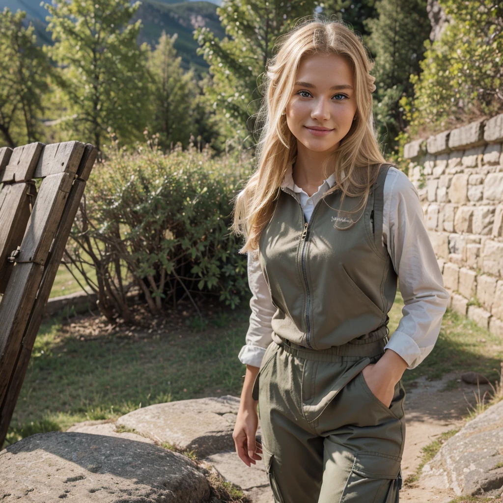 Nikon Z 85mm, Beautiful, one Petite 20-year-old elegant high-class supermodel, ((blond hair)), Bright gray eyes, ((High detailed skin, Skin Details)), Sharp Focus, 8K UHD, Digital SLR, High quality masterpiece, gorgeous russian face, smiling, photo realistic, wearing khaki hiking long sleeve shirt, vest and long outdoor cargo pants. Beautiful hairstyle tied on the back. Elegantly modestly standing on top of the mountain all happy. Warm tone atmosphere