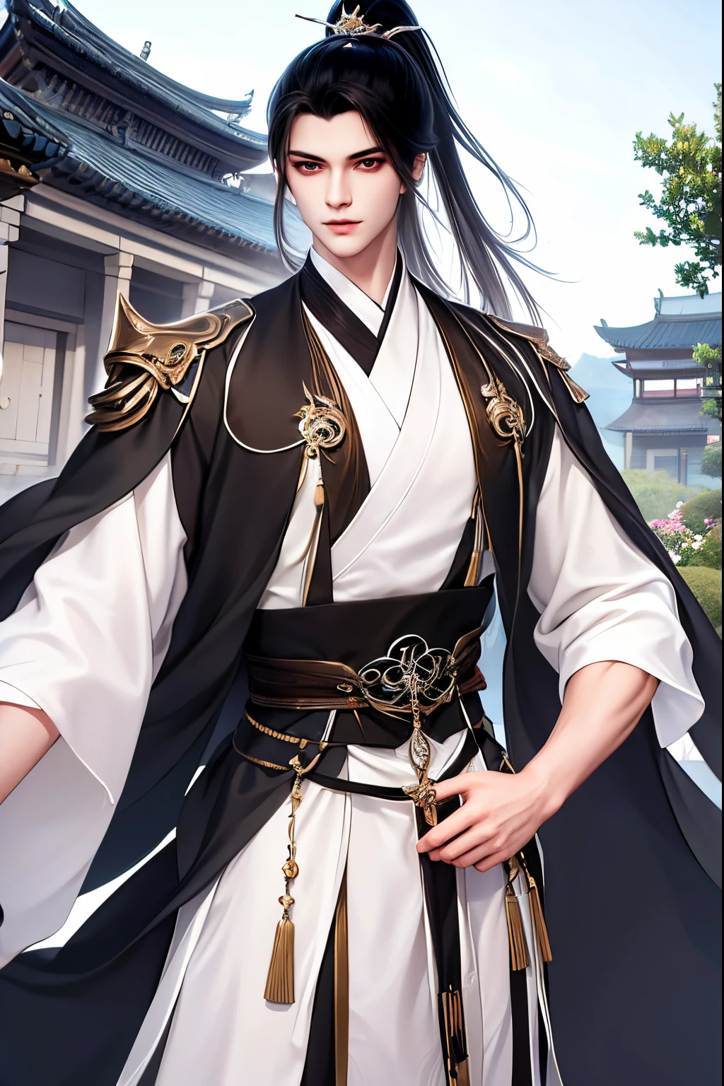 (Best quality at best,A high resolution,The image is clear,centered composition,Garden scene,:1.2),A boy with,the only person,Ultra detailed backgrounds,Beautiful ager standing holding sword,Chinese style clothes,high ponytails,natta,Garden scene,under moonlight,starrysky,Blue and White Clothes,Asian architecture,Romantic atmosphere,,Dutch Angle Shot,gentlesoftlighting,portrait of upper body,Noble prince,Eye focus,a sharp gaze,
