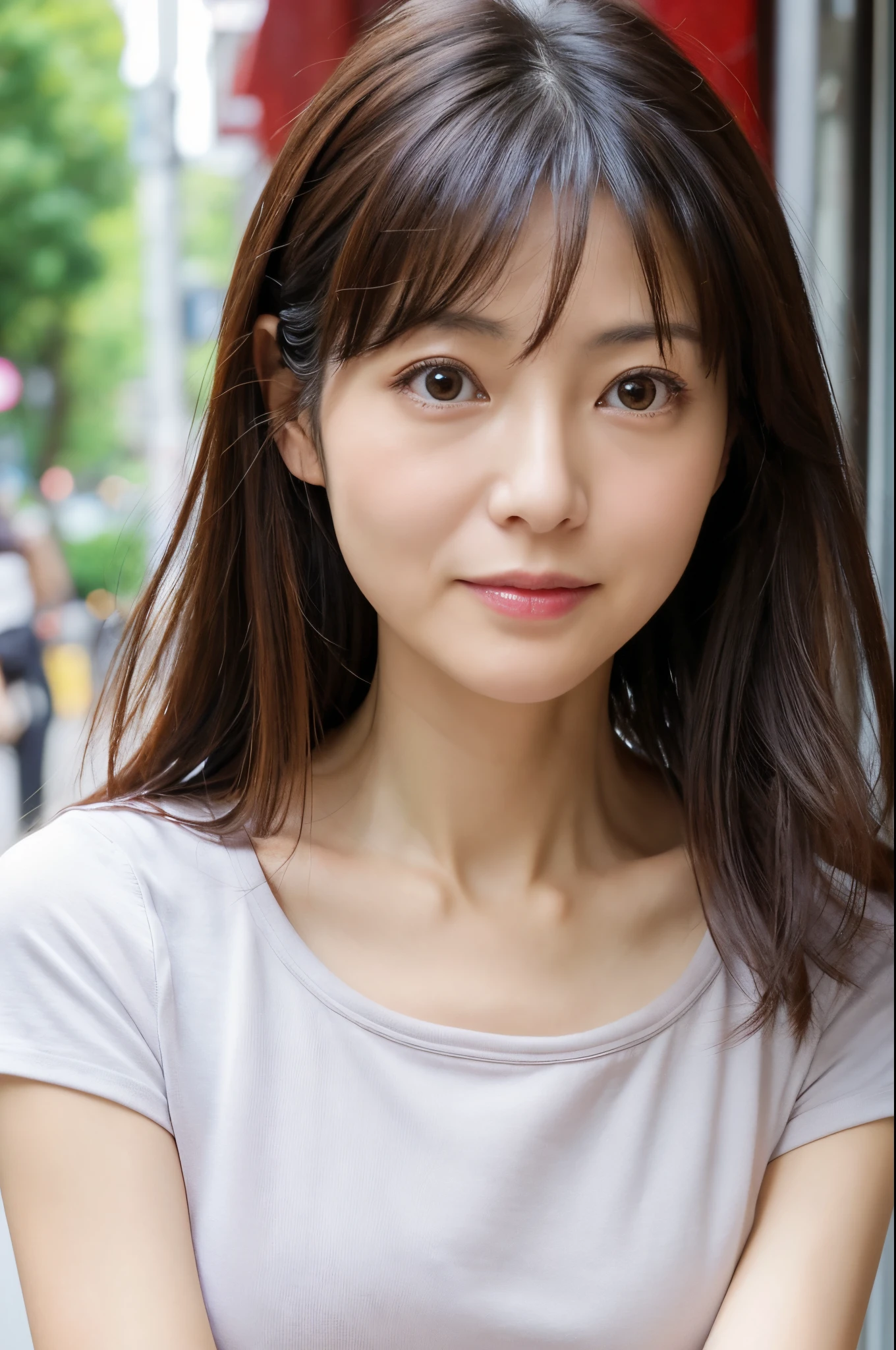 (High reality photograph, high resolusion, detailed face, detailed eyes) Skinny Japanese lady, 40 years old, cute face, various face expression, various hair style, skinny figure, medium breasts, very thin waist, wearing tight shirt, emphasizing breasts, behind both hands