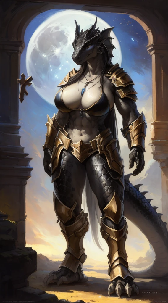 Dragon girl, big chest, day, sexy, sensual, detailed, uploaded to e621, beautiful and detailed portrait of an powerful anthropomorphic dragon ((female))) kenket, ross tran, ruan jia, uploaded to e621, zaush, foxovh, scalie, silver scalie, movie lighting, barbarian armor, standing, moon lights, open legs, long hair, muscular, large breats, bikini armor, paladin, Black scales, Necklace with crucifix, shiny scales, Tattoo on breasts