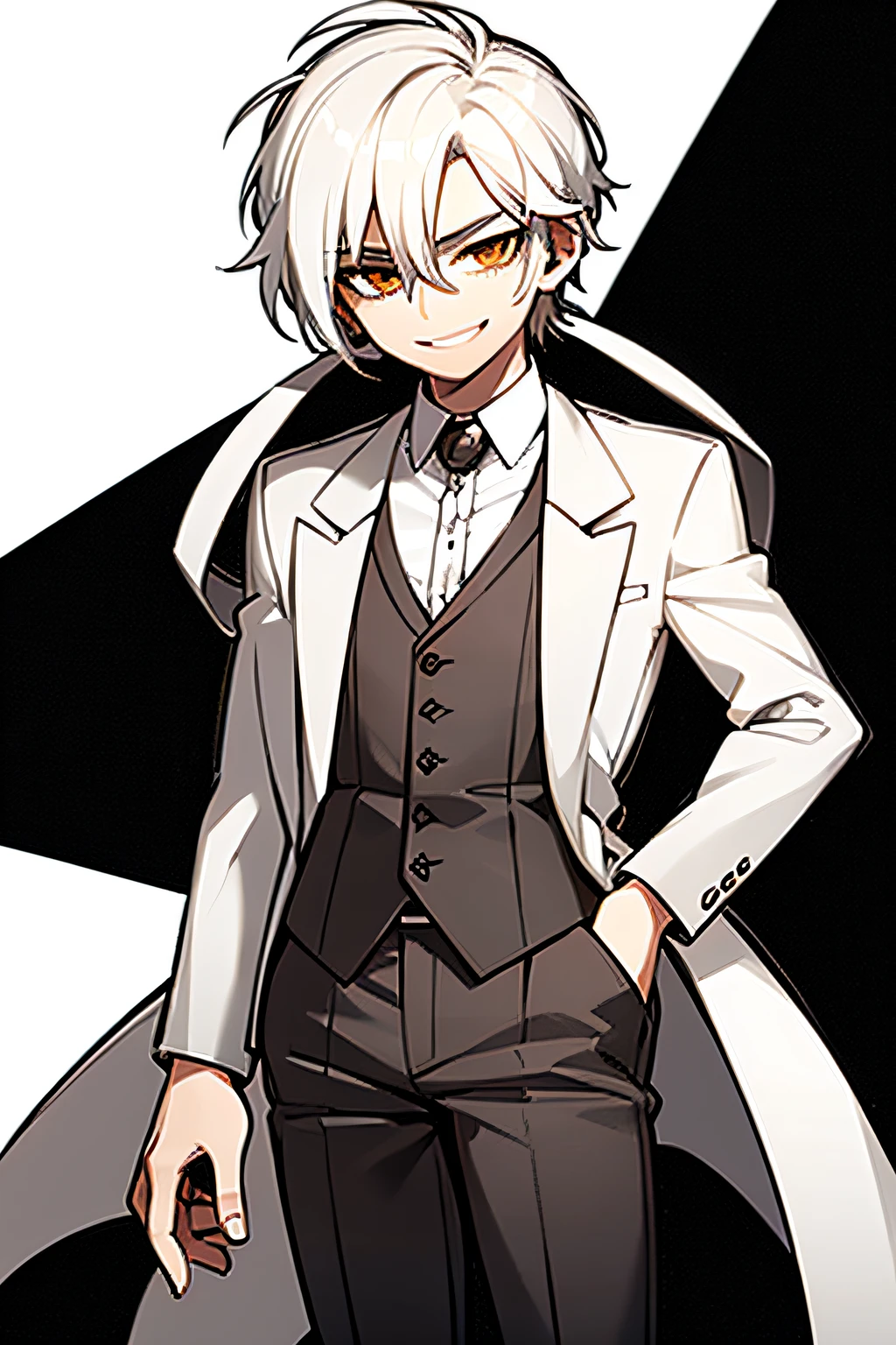 Shy boy with white hair, fundo branco, usando roupas formais, shy smiling