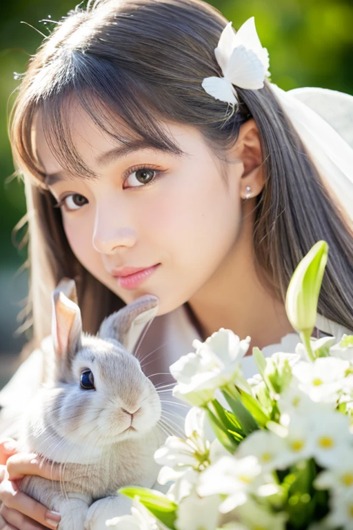 detail, Realism, 4K, -yeld gi Face Detail, large yellow eyes, Plump lips, Upturned nose, gray hair with pink strands,, In a white dress, Rabbit in hand, Flowers in the background, White butterfly in the foreground, Realistic shooting, depth of fields, Soft forelight, Glow, nffsw (Muted colors: 1.2), Canon RF 100mm f2.8L macro is USM