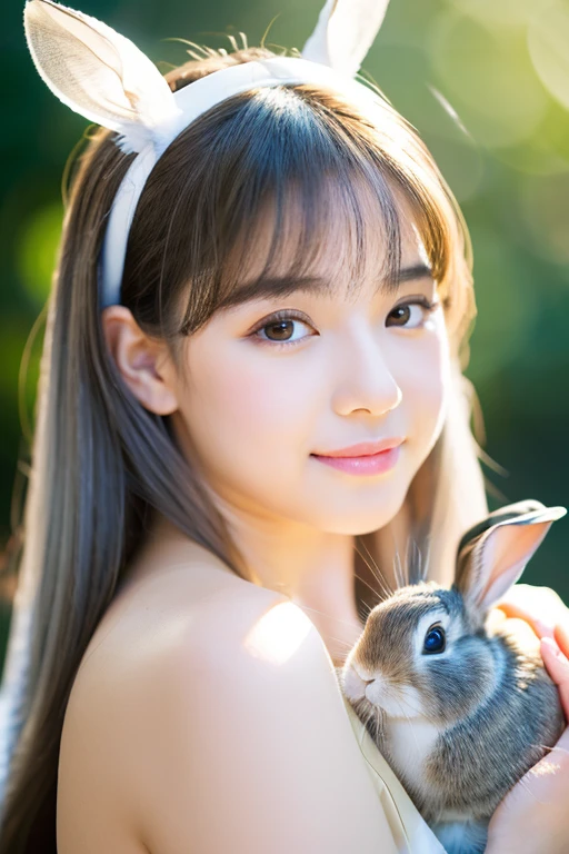 detail, Realism, 4K, -yeld gi Face Detail, large yellow eyes, Plump lips, Upturned nose, gray hair with pink strands,, In a white dress, Rabbit in hand, Flowers in the background, White butterfly in the foreground, Realistic shooting, depth of fields, Soft forelight, Glow, nffsw (Muted colors: 1.2), Canon RF 100mm f2.8L macro is USM