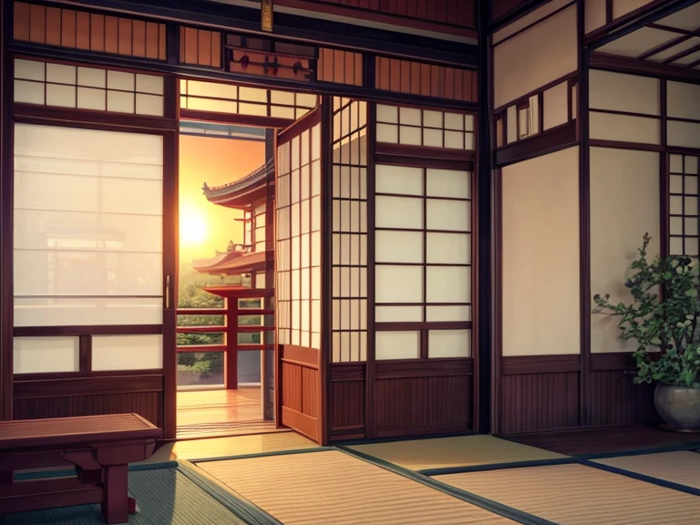 masterpiece, best quality, photorealistic, sky garden front door balcony, temple, dojo, window, japan, thai style, mild contrast, anime wide angle no distortion, greenery