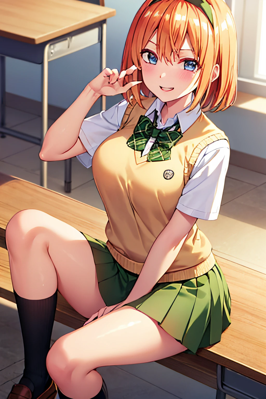 yotsubanakano, yotsuba nakano, bangs, short hair, blue eyes, hair between eyes, hair ribbon, hairband, orange hair, green ribbon,
BREAK skirt, shirt, bow, ribbon, school uniform, white shirt, short sleeves, pleated skirt, shoes, socks, collared shirt, miniskirt, bowtie, black footwear, kneehighs, green skirt, black socks, loafers, green bow, sweater vest, green ribbon, (yellow sweater vest:1.5),
BREAK looking at viewer,
BREAK indoors, classroom,
BREAK (masterpiece:1.2), best quality, high resolution, unity 8k wallpaper, (illustration:0.8), (beautiful detailed eyes:1.6), extremely detailed face, perfect lighting, extremely detailed CG, (perfect hands, perfect anatomy),
happy smile, laugh, teeth, wide-eyed, dynamic pose, head tilt, facing at viewer, looking up at viewer,