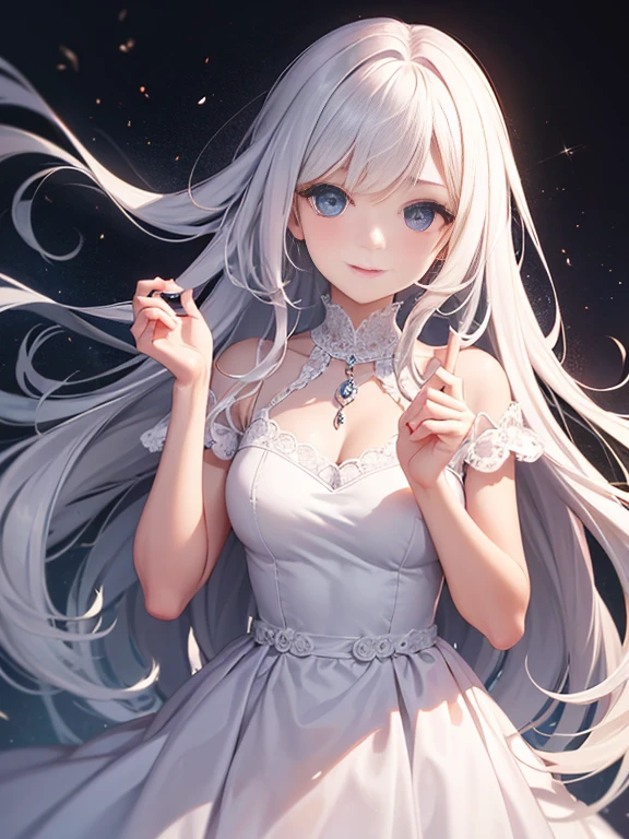 Best Quality, tmasterpiece, sweet and cool old girl, long white hair, e Blue Eyes,Elegant shiny light pink dress
