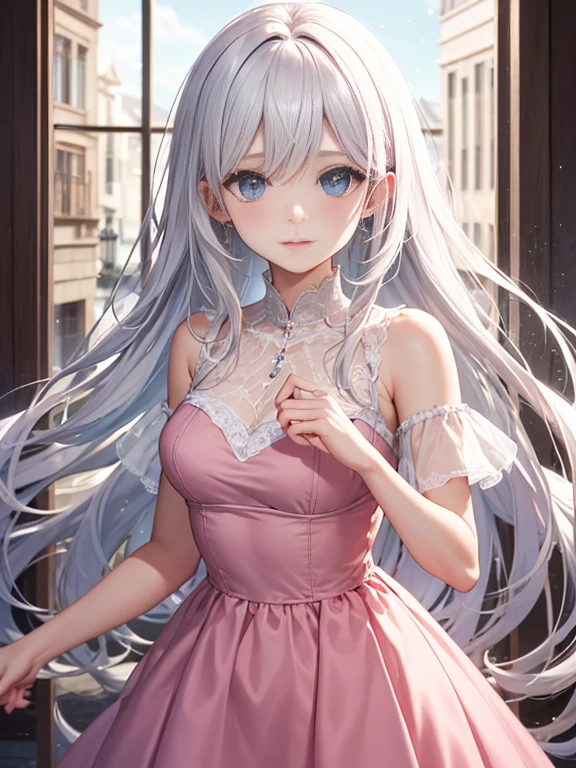 Best Quality, tmasterpiece, sweet and cool old girl, long white hair, e Blue Eyes,Elegant shiny light pink dress