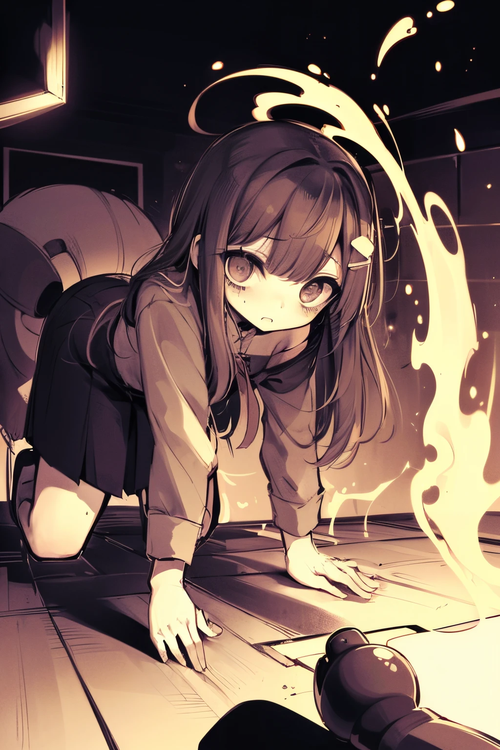 ((monochromes))、A girl exploring an abandoned hospital、Scared、Overall dark、flash lights