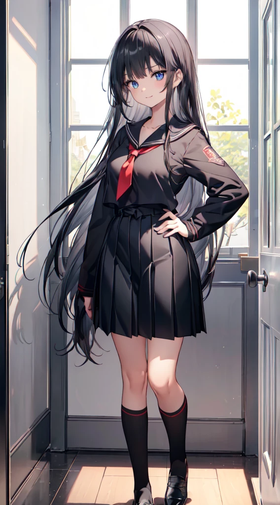 8k, (ultra-detailed:1.3, master piece:1.3, best quality:1.3, high resolution:1.3), 18year old, High school students, 1 person, (a girl, beautiful face, large and beautiful breasts, Blue eyes), eyes in highlight, catch light eyes, specular highlight eyes, (long hair, black hair), (long sleeve black sailor suit, black sailor color, Black pleated skirt, Separated uniforms, red ribbon tie, Black high socks, loafers) collarbone, from the front side, shoot from front, whole body), Smile with teeth, school corridor, (standing, one hand on hip)