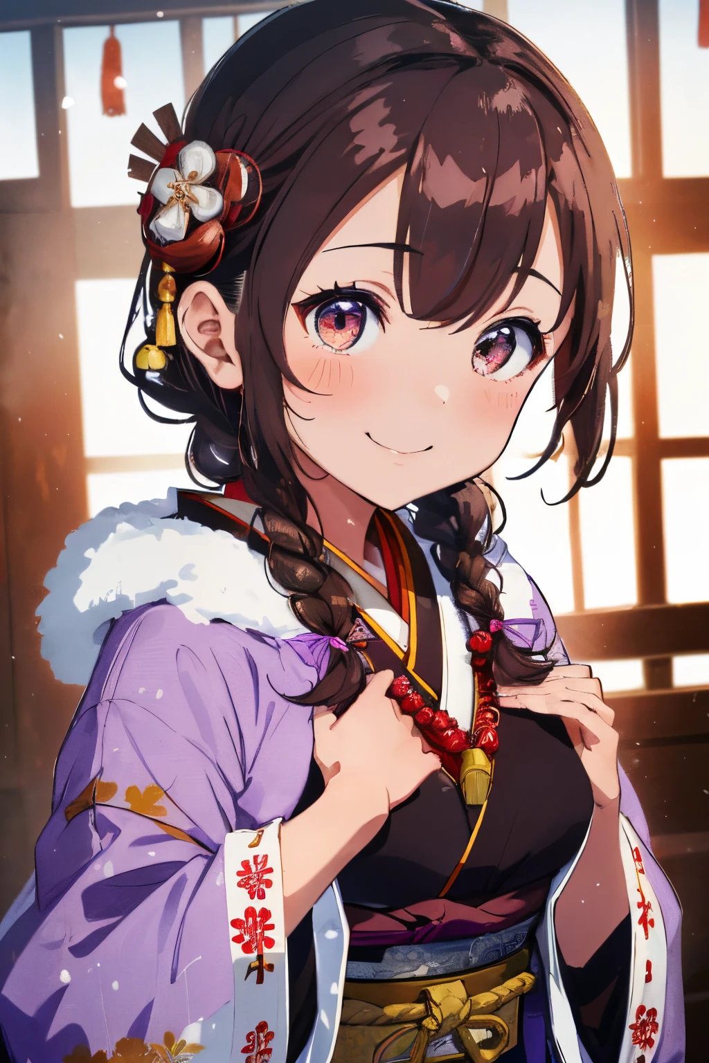((Brown hair)),((Braided shorthair)),((With black eyes)),Slight red tide,(Japanese clothes with open chest:1.5),(Japanese style clothes:1.25),(fluffy cloak),(stylish five finger gloves:1.2),(ornaments with frills:1.25),(Accessories and hair ornaments with flower motifs),(Usamimi:1.7),(Watch with a smile),(active movement:1.25),It's snowing a little,(The colors of the clothes are pink, white, light purple, and yellow..),Kamimei,(close up of face:1.25)