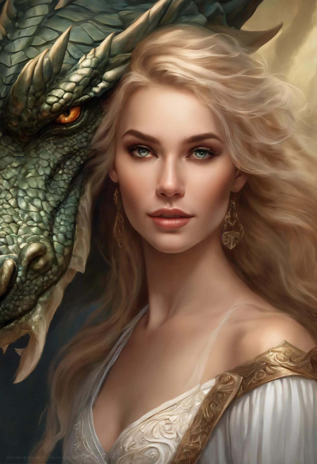 Arafed blonde woman with a dragon head and a white dress, the dragon girl portrait, graphic artist magali villeneuve, realistic fantasy illustration, fantasy art portrait, inspired by Magali Villeneuve, magali villeneuve', Portrait of a Dragon, hyperrealistic fantasy art, fantasy portrait art, Detailed matte fantasy portrait, fantasy portrait, beautiful fantasy art portrait