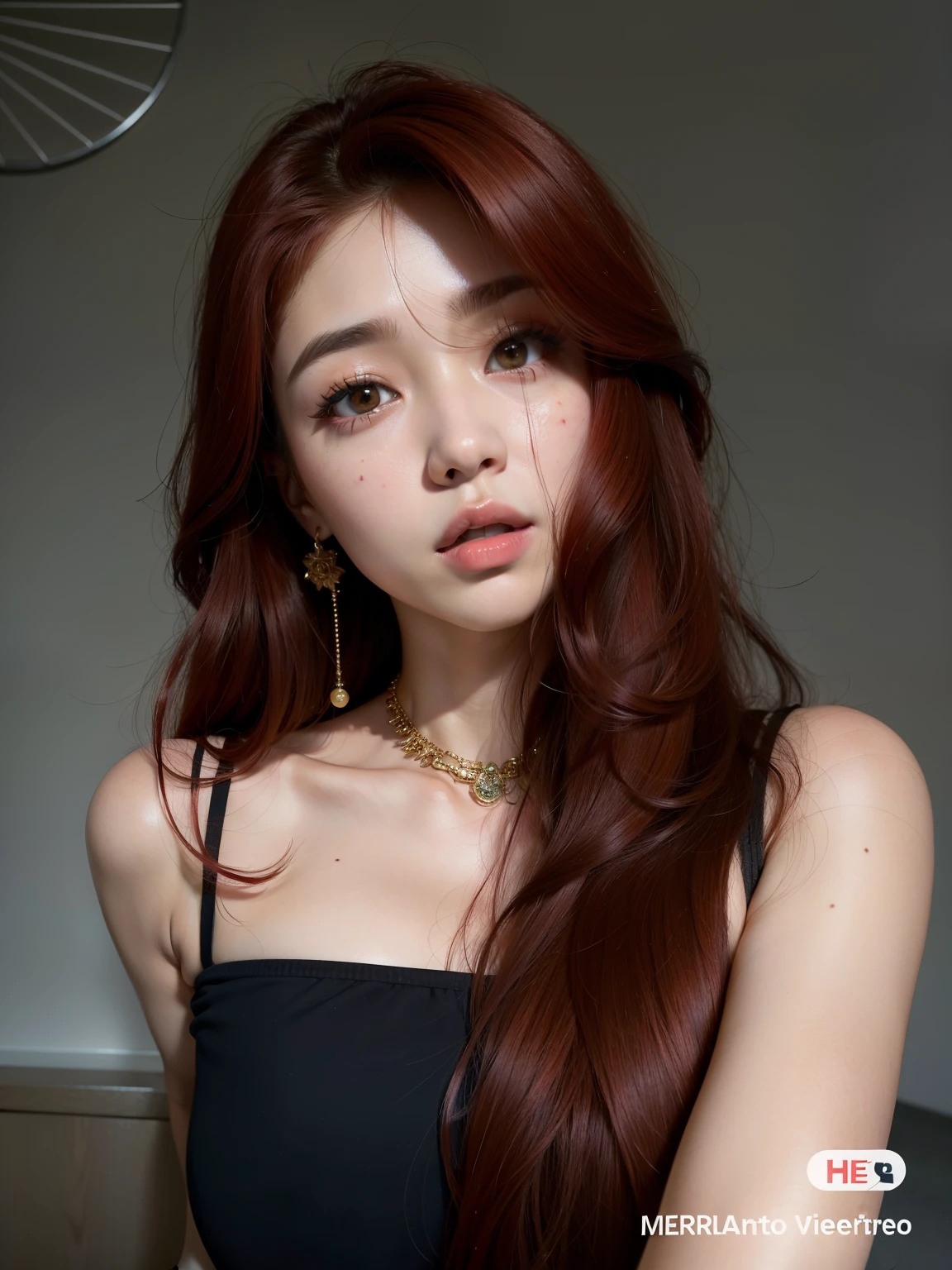 there is a woman with long red hair posing for a picture, Ulzzang, cruel korean goth girl, cabelos longos vermelhos castanhos, linda mulher coreana jovem, Heonhwa Choe, com cabelos longos e olhos penetrantes, Asian girl with long hair, TaeJune Kim, Retrato de Jossi de Blackpink, Mulher sul-coreana bonita, cabelo castanho coral, Jinyoung Canela