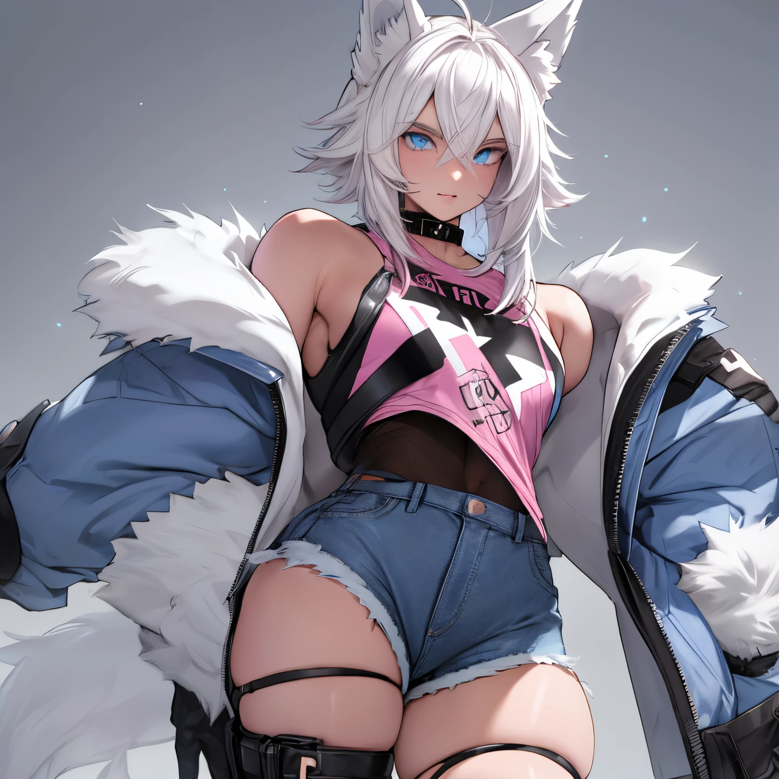 Adult girl, long white hair, cat ears, cat tail, multi-colored eyes, heterohromia, left eye purple, right eye turquoise, red learher ripped spike jacket, white tight top, purple print, blue shorts, lot of tattoo, scars, open belly, small breasts, wide neckline, boob window, window in chest, little muscles, smirk, claws, hands behind head, Masterpiece, best quality, Full HD, 8k, ultra details, great graphic