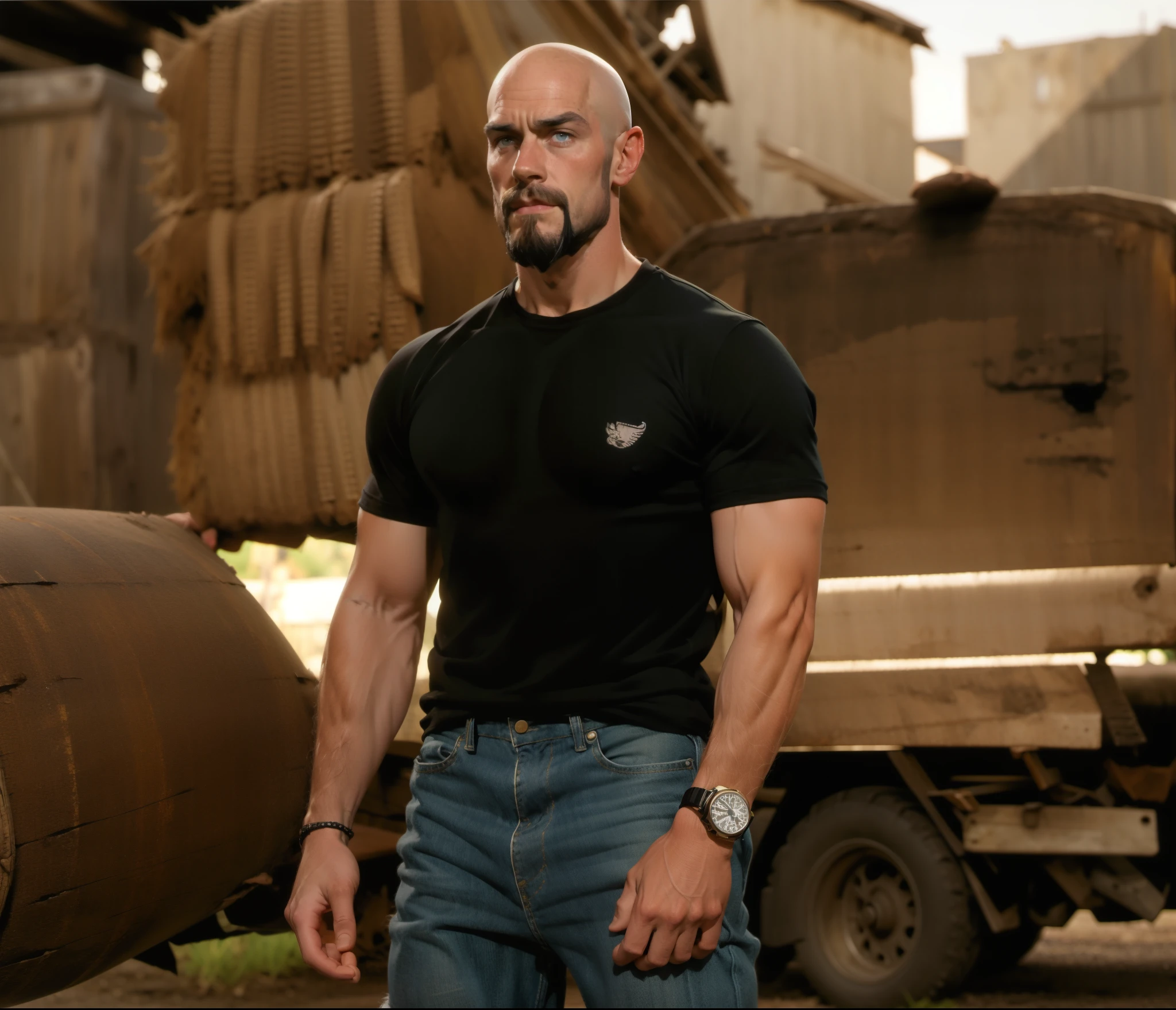 character sheet, dilf, short beard, bald, lean body, tattoos, skater shoes, early 40's, wrist watch, white socks, converse sneakers, loose cargo jeans, hunter green shirt, standing, handsome, gentle expression, slim tall build, white male