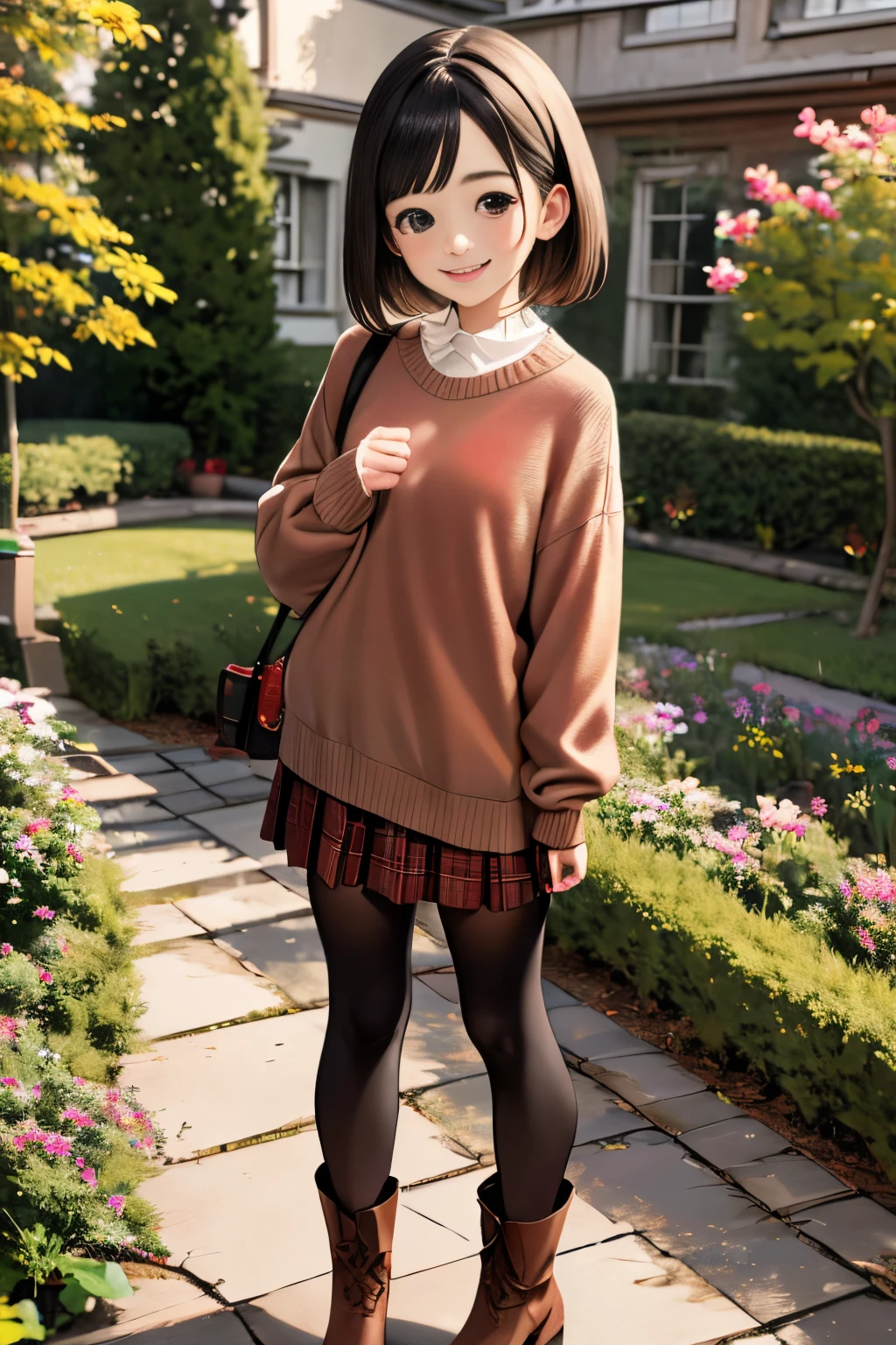 (High quality, High resolution, Ultra-detailed, Realistic:1.37), peaceful ambiance, (plein air, garden), Teenage girl standing alone, small tits, Beautiful detailed features, Cute smile, (Black bob hair), Ribbed sweater, Red plaid skirt, Black tights, Brown boots.