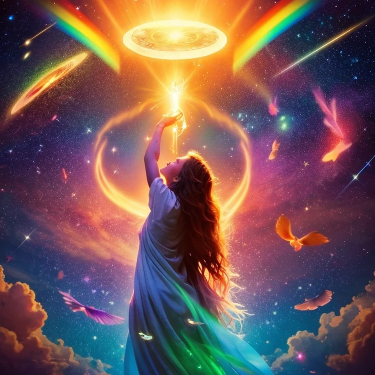 pillar of light from heaven、A woman assimilated with light、Falling light、beautiful fantastic scenery、Surrounded by light、surrounded by great love、heal the wounds of the heart、bring joy to life、Fantastical、spiritual、kosmos、the soul returns to the light、Eternal Life、Rainbow of Seven Colors、Sacred rituals、shine、Born Again