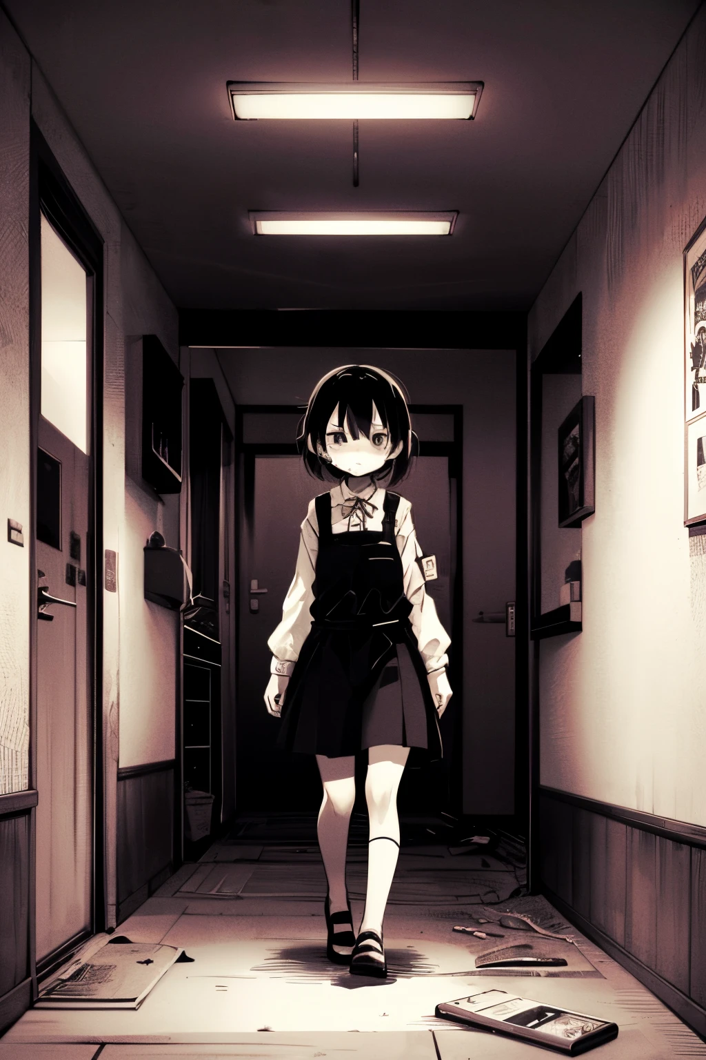 ((monochromes))、A girl exploring an abandoned hospital、Scared、Overall dark、flash lights