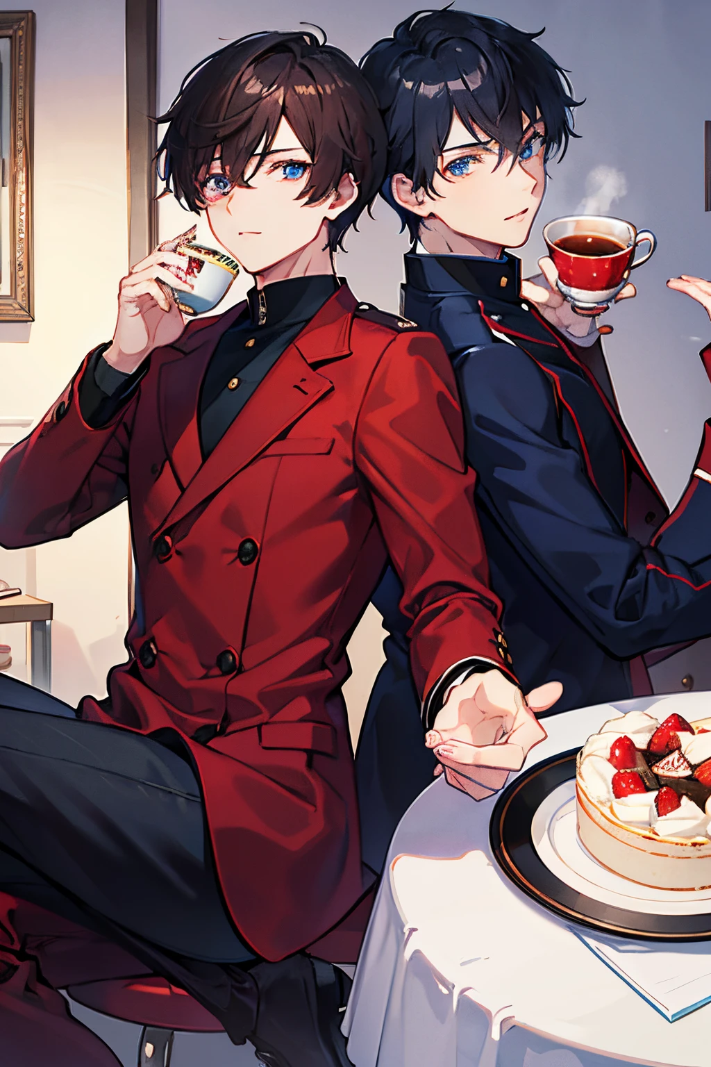 male people　A dark-haired　blue eyess　Red coat　Sweaters　slacks　long boots　cake and tea　​masterpiece　Top image quality　denoise　Clear 　cinematic shadow　Increased attractiveness of the eyes　Clear the shine of the eyes　Draw eyelashes neatly　Perfect Eye　A detailed eye　Sharpen image quality　Sharpen eye writing　Clear eye shape