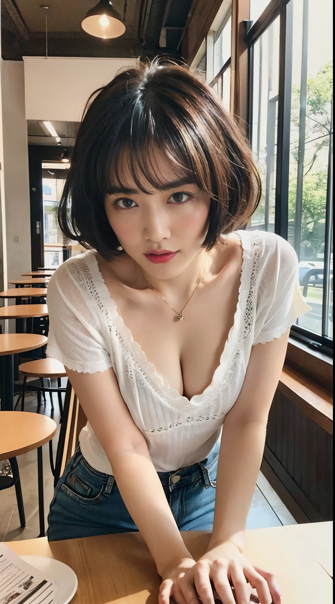 (top-quality、8K、32K、masterpiece、nffsw:1.2)、Photo of a cute Japanese woman、1gril、Black short hair、Colossal tits、(Detailed white loose t-shirt:1.2)、denim pant、a necklace、(Detailed blue lace bra:1.1)、(Slouched:1.8)、Look at viewers、POV、looking-down、Across the table、(Hands on the table:1.1)、、in a cafe、The upper part of the body、all-fours、25-years old