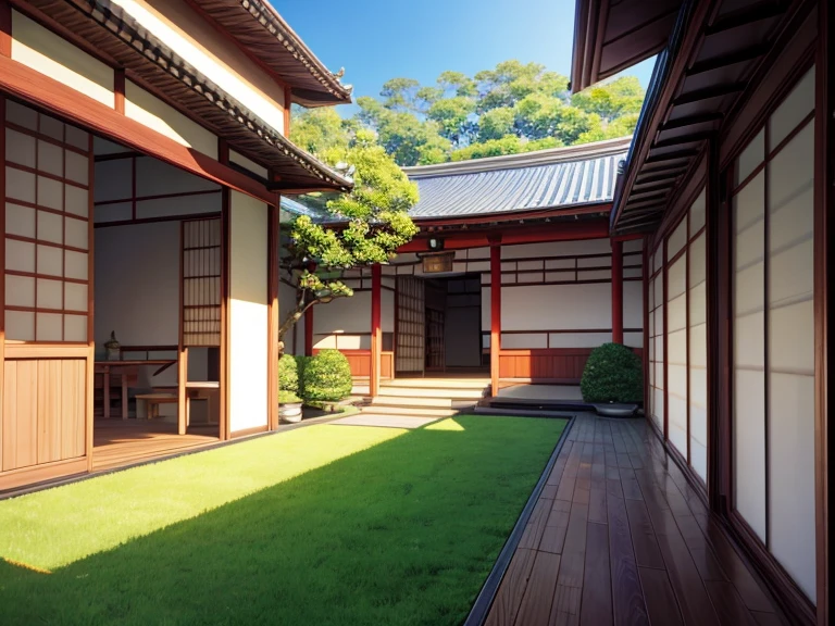 masterpiece, best quality, photorealistic, sky garden front door balcony, temple, dojo, window, japan, thai style, mild contrast, anime wide angle no distortion, greenery, prespective angle from 2.4 meters hight