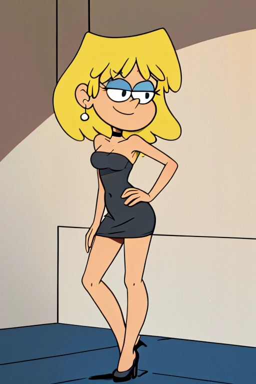 masterpiece, best quality, cartoon style, 2D illustration, solo, 1 girl, loriloud, lori loud, highres, blonde hair, black eyes, bare neck, bare shoulders, white-skinned female, little black dress, black strapless dress, small choker, smile, black high heels, seductive, detailed, soft lighting, in bedroom, standing up, hand on a hip, full body.