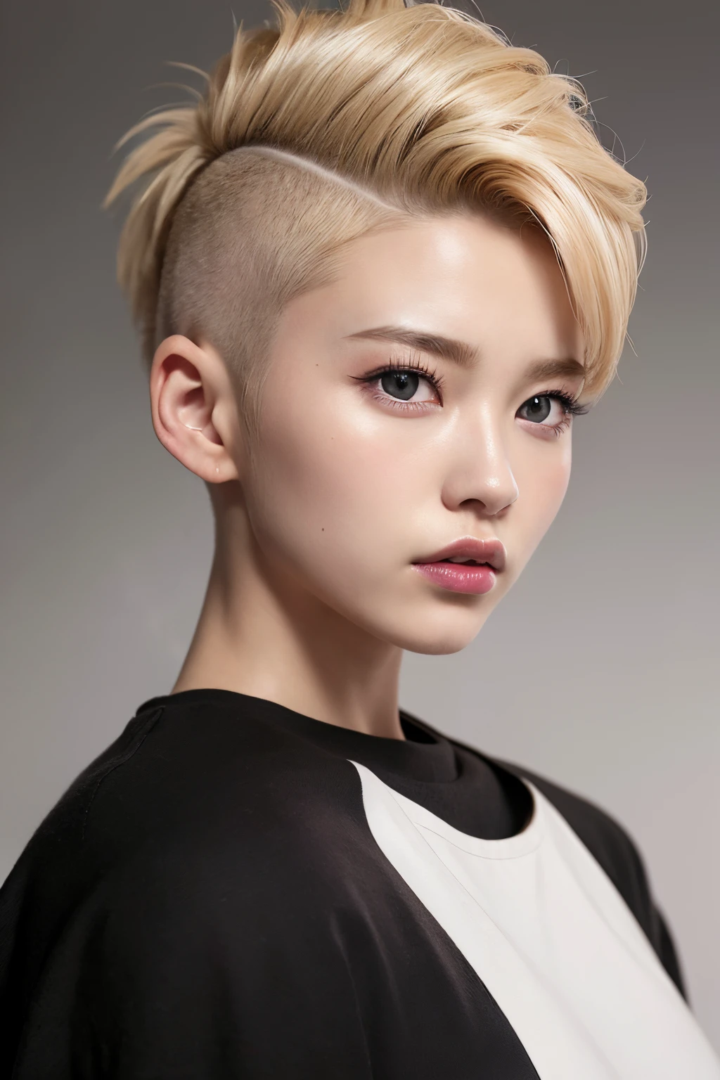 a 20 yo woman、a blond、(hi-top fade:1.3)、Female Warrior、dark themed、Muted Tones、Subdued Color、highly contrast、(natural skin textures、Hyper-Realism、Soft light、sharp)