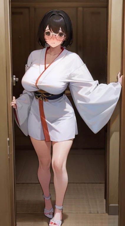 Stema Peace、hanekawa tsubasa、attack of glasses、A dark-haired、large boob、 (Black hair, Brown eyes, Round face), (nose blush, half opened eye),, [Full body shot]、eye glass、Head-to-toe shots、A dark-haired、wearing kimonos、The neck and hem are exposed、