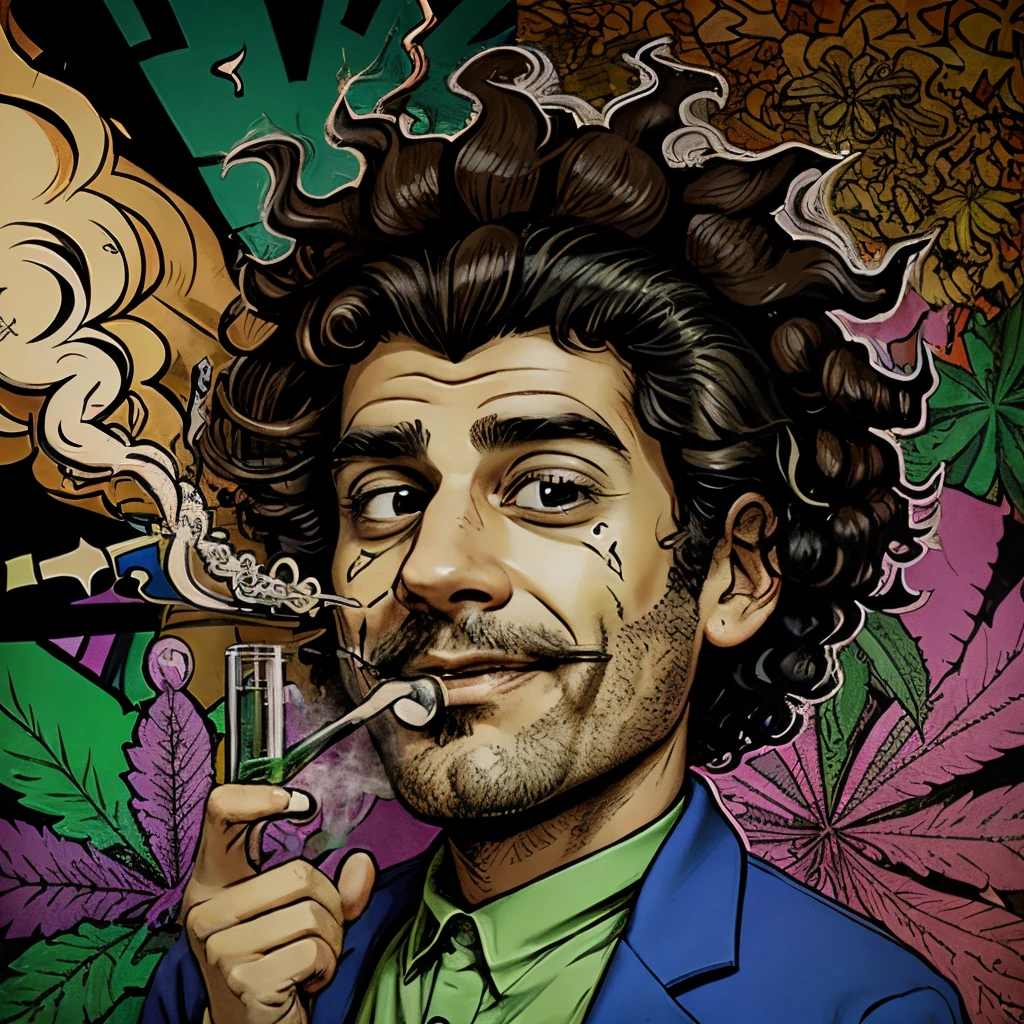 Man with long curly hair holding a large cigarette with huge green smoke, Image Style, bizarre caricature