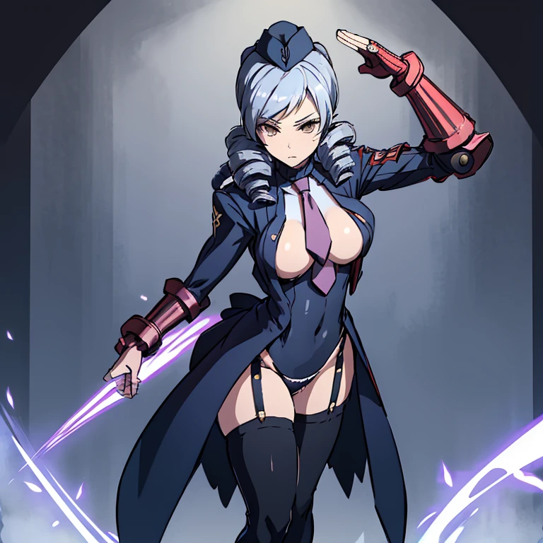 ultra-detailed, Explicit, Beautiful body, Beautiful Nose, Beautiful character design, perfect eyes, perfect face, ultra highres, 4K, beautiful legs, perfect legs, Nice hands, Perfect hand, Masterpiece, Best Quality, Highly detailed, illustration, absurdres, street fighter, doll suit, shadaloo doll, dollsuit, girls, multiple girls, expressionless, blank eyes, looking at viewer, red gloves, emotionless, black latex, corrution, mind control, female combatant, full body, hypnotized, unhappy trance, full body suit, ribbed bodysuit, both arms at side, stand up straight, obey, perfect female body, extremely glossy latex, hypnosis, hypnoLora, empty eyes, Mind control device, poses, brainwashed, submissive_pose, Slave, hat, necktie, stand up straight, standing, standing at attention, belt, extending the right arm from the shoulder into the air with a straightened hand, nazi saluting, military, military saluting, salute, right hand saluting, left hand at side, latex, ribbed bodysuit, wide hip, thicc, a curvy body, garter belt, black thighhighs, frilled sleeves, stakes of purgatory, Dlanor a. Knox, Umineko, energy blade, white hair, drill hair. golden eyes, silver hair