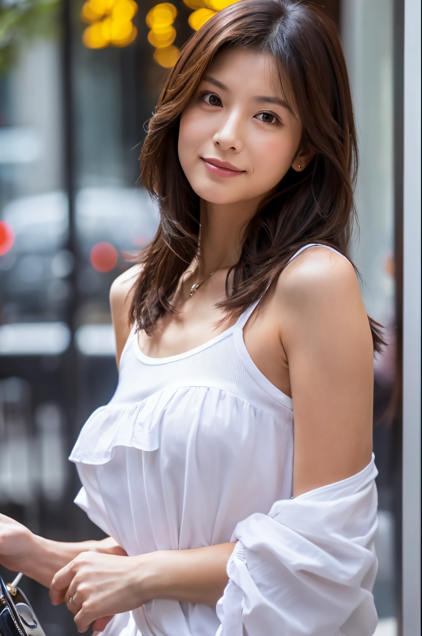 (High reality photograph, high resolusion, detailed face, detailed eyes) Skinny Japanese lady, 40 years old, cute face, various face expression, various hair style, skinny figure, small breasts, very thin waist, wearing tight shirt, emphasizing breasts, hide both hands