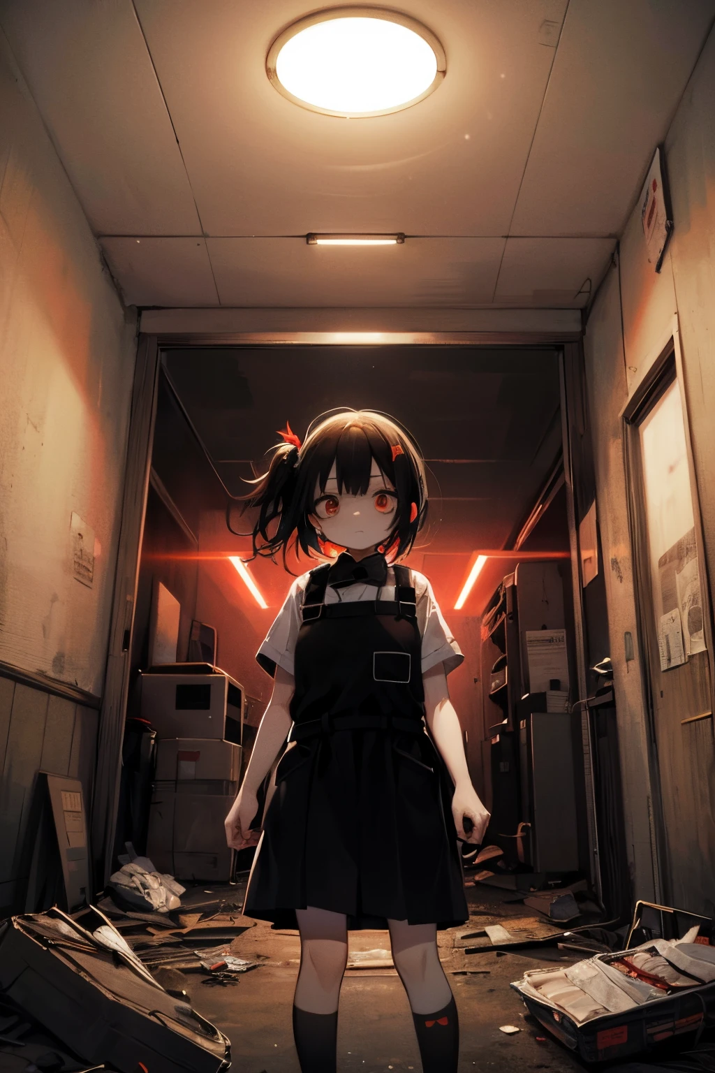 ((use white, black and red))、A girl exploring an abandoned hospital、Scared、Overall dark、flash lights