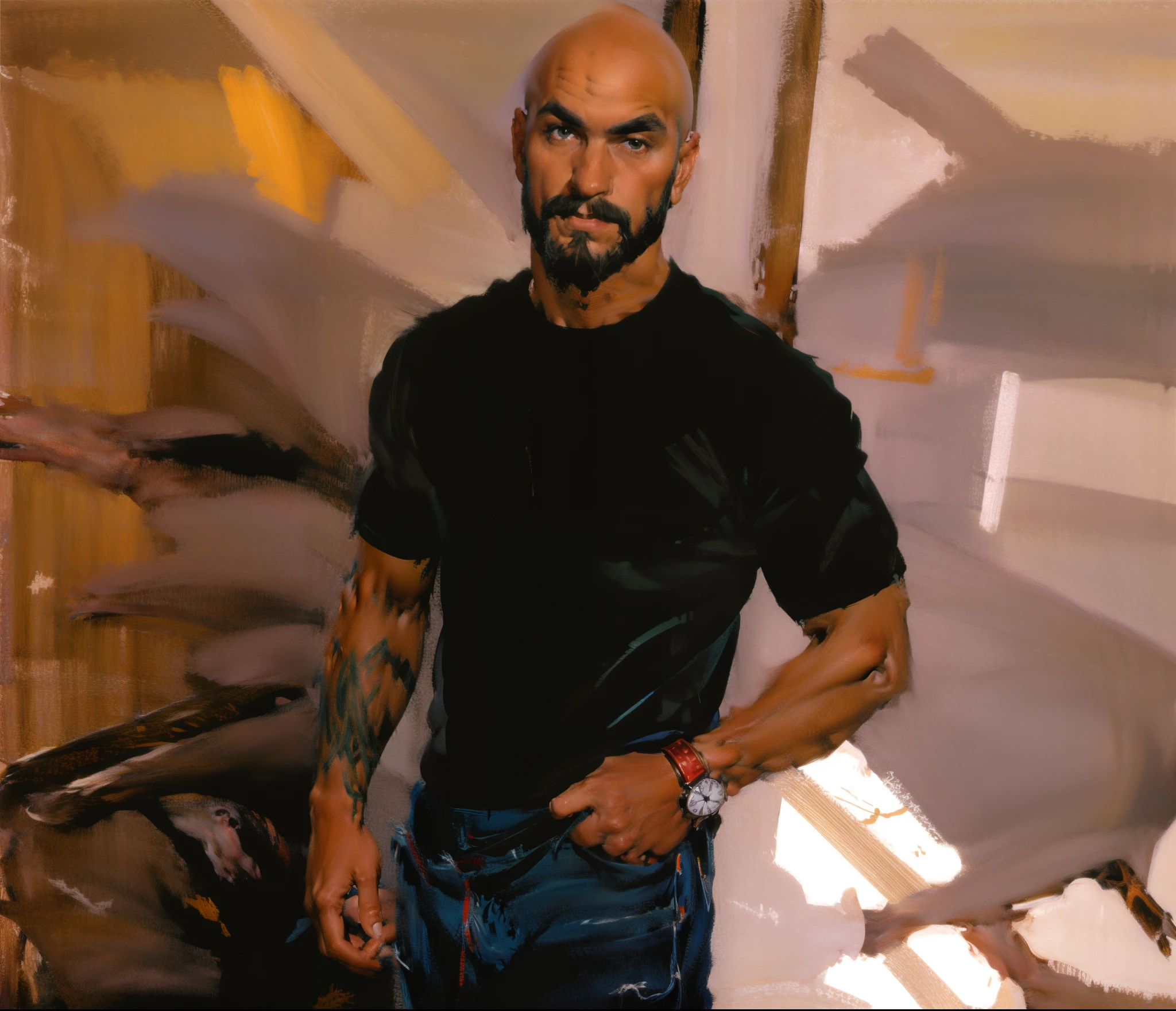character sheet, dilf, short beard, bald, lean body, tattoos, skater shoes, early 40's, wrist watch, white socks, converse sneakers, loose cargo jeans, hunter green shirt, standing, handsome, gentle expression, slim tall build, white male, glasses,