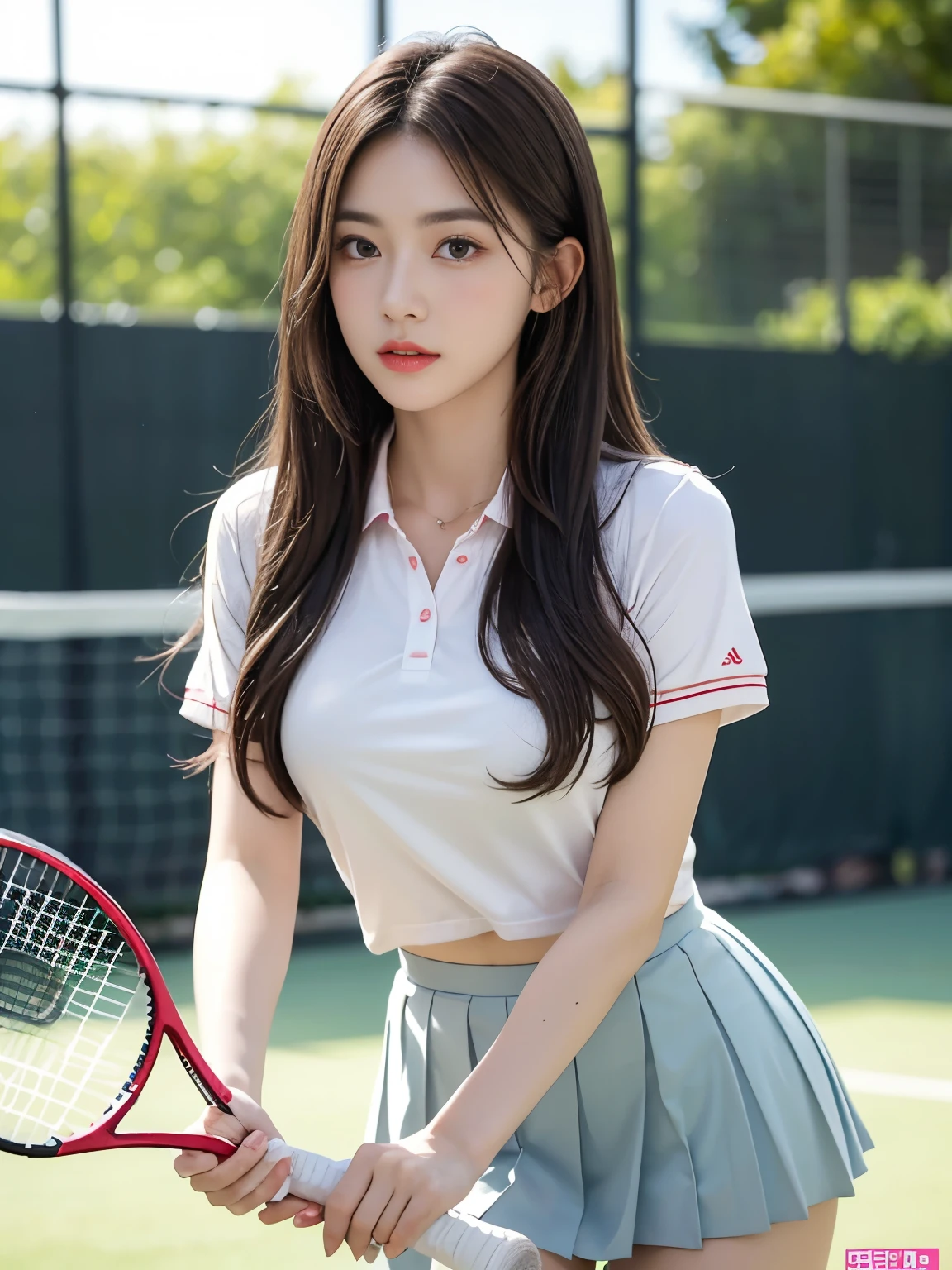 (8K, Raw Photo, Highest Quality, Masterpiece: 1.2), Masterpiece, Super Detail, Super High Resolution, (Real and Realistic Photo: 1.37), High Definition RAW Color Photo, Very Delicate and Beautiful, Very Detailed, Amazing, detailed, very detailed eyes, very detailed skin, very detailed fingers, very detailed nose, very detailed mouth, perfect anatomy, one girl, blurry, blurry Background, blurred foreground, blush, huge breasts, depth of field, visible eyebrows, hair between the eyes, long hair, solo, huge breasts, Nogizaka idol, Korean idol, 25 years old, gravure idol, 1 girl, polo shirt color Tennis wear, pleated skirts, miniskirts, tennis courts, tennis,