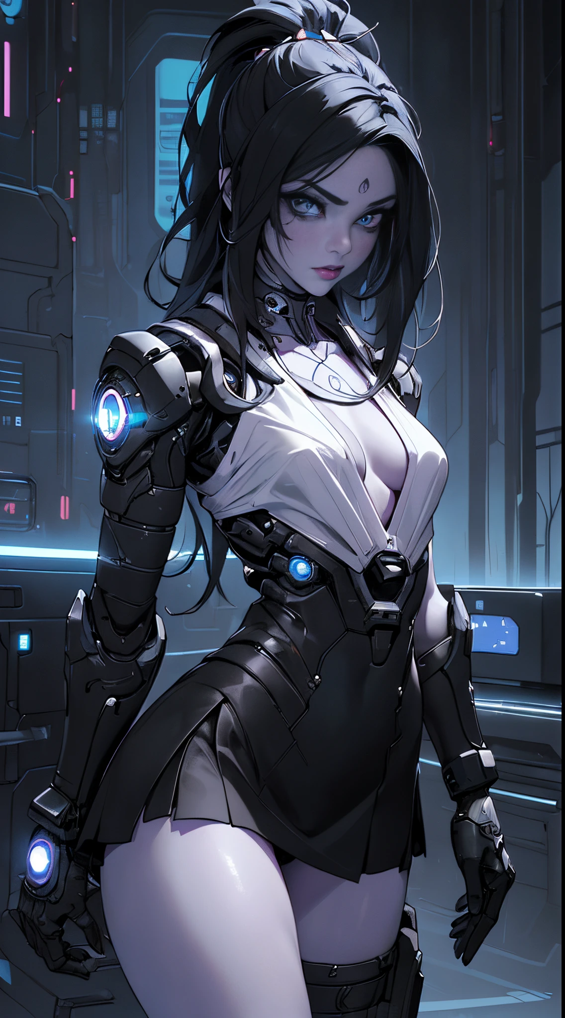 Ariana Grande cyborg, Cibersamurái, desnudo, Cabello largo, ojos azules, cabello negro, pechos grandes, escote, muslos anchos, Science-Fiction, ciborg:1.4, cyberpunk,( fondo negro brilla: 1.25),More detailed 8K.motor irreal:1.4,UHD,La mejor calidad:1.4, fotorrealista:1.4, textura de la piel:1.4, obra maestra:1.8,obra-prima, mejor calidad,objeto Objeto], (detailed face features:1.3),(Ojos sutiles y hermosos :1.1),(Perfect anatomy),lingerie sexy pink,(Cybersamurai white:1.4),(fondo ciudad Tokio cyberpunkAI colors:1.4) ,(convexo Dedos detallados), (  cyborg),(Pieza maestra:1.2), (mejor calidad:1.2),(Pieza maestra:1.2), (mejor calidad:1.2),(miniskirt ciborg:1.4), (panties ciborg)