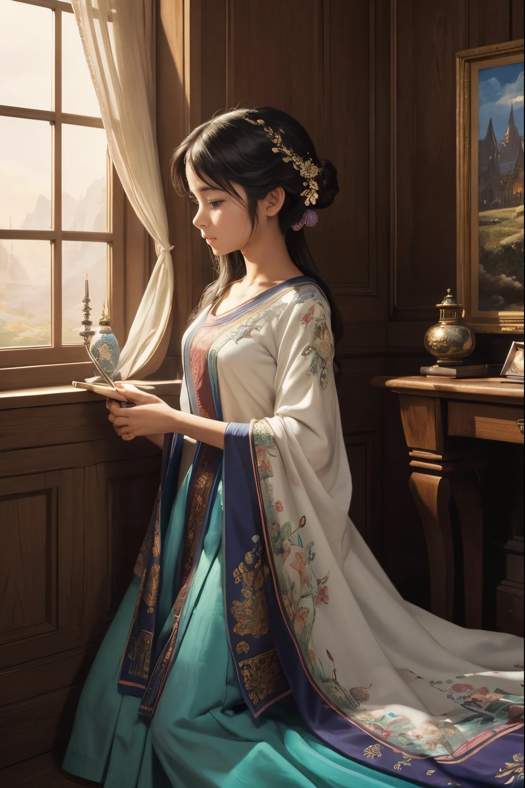 A breathtakingly detailed depiction of the world through the eyes of Surendra Rajawat and Valentin Perouelle, this image is a masterpiece that seamlessly blends the styles of Ghibli Studio and Disney. With intricate attention to detail, the artists bring to life the vibrant and enchanting world before us. Through their artistry, we witness a harmonious fusion of colors, textures, and elements, forming a visually stunning painting that transports us to a realm of imagination. Every stroke and brushwork showcases the immense talent and skill of the artists, resulting in an image that is truly extraordinary.
