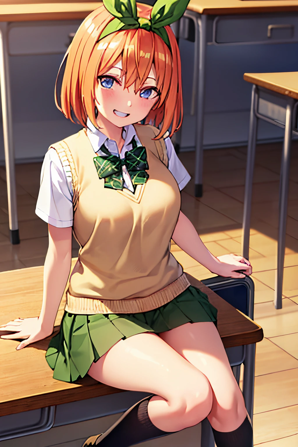 yotsubanakano, yotsuba nakano, bangs, short hair, blue eyes, hair between eyes, hair ribbon, hairband, orange hair, green ribbon,
BREAK skirt, shirt, bow, ribbon, school uniform, white shirt, short sleeves, pleated skirt, shoes, socks, collared shirt, miniskirt, bowtie, black footwear, kneehighs, green skirt, black socks, loafers, green bow, sweater vest, green ribbon, (yellow sweater vest:1.5),
BREAK looking at viewer,
BREAK indoors, classroom,
BREAK (masterpiece:1.2), best quality, high resolution, unity 8k wallpaper, (illustration:0.8), (beautiful detailed eyes:1.6), extremely detailed face, perfect lighting, extremely detailed CG, (perfect hands, perfect anatomy),
happy smile, laugh, teeth, wide-eyed, dynamic pose, head tilt, facing at viewer, looking up at viewer,