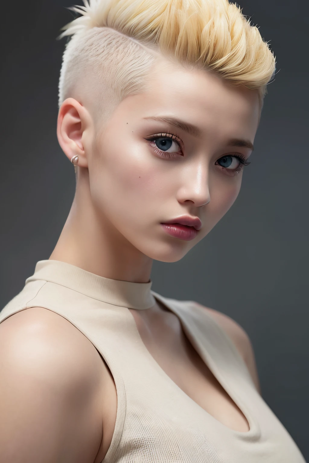 a 20 yo woman, blonde, (hi-top fade:1.3), dark theme, soothing tones, muted colors, high contrast, (natural skin texture, hyperrealism, soft light, sharp)