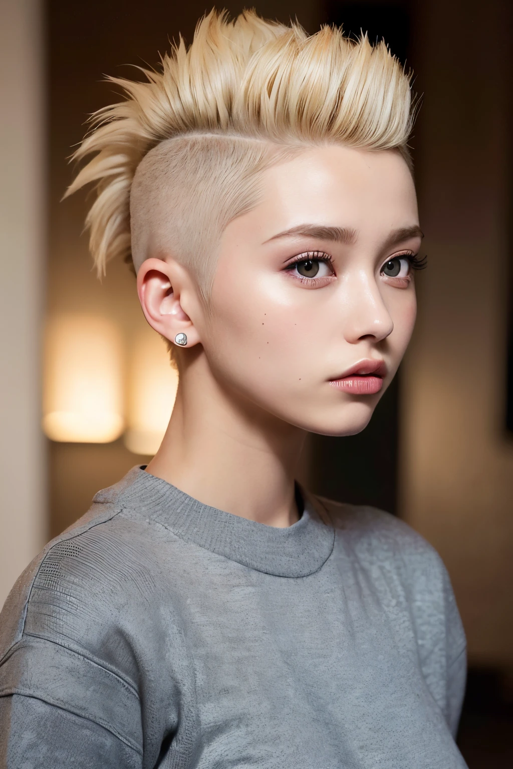 a 20 yo woman, blonde, (hi-top fade:1.3), dark theme, soothing tones, muted colors, high contrast, (natural skin texture, hyperrealism, soft light, sharp)