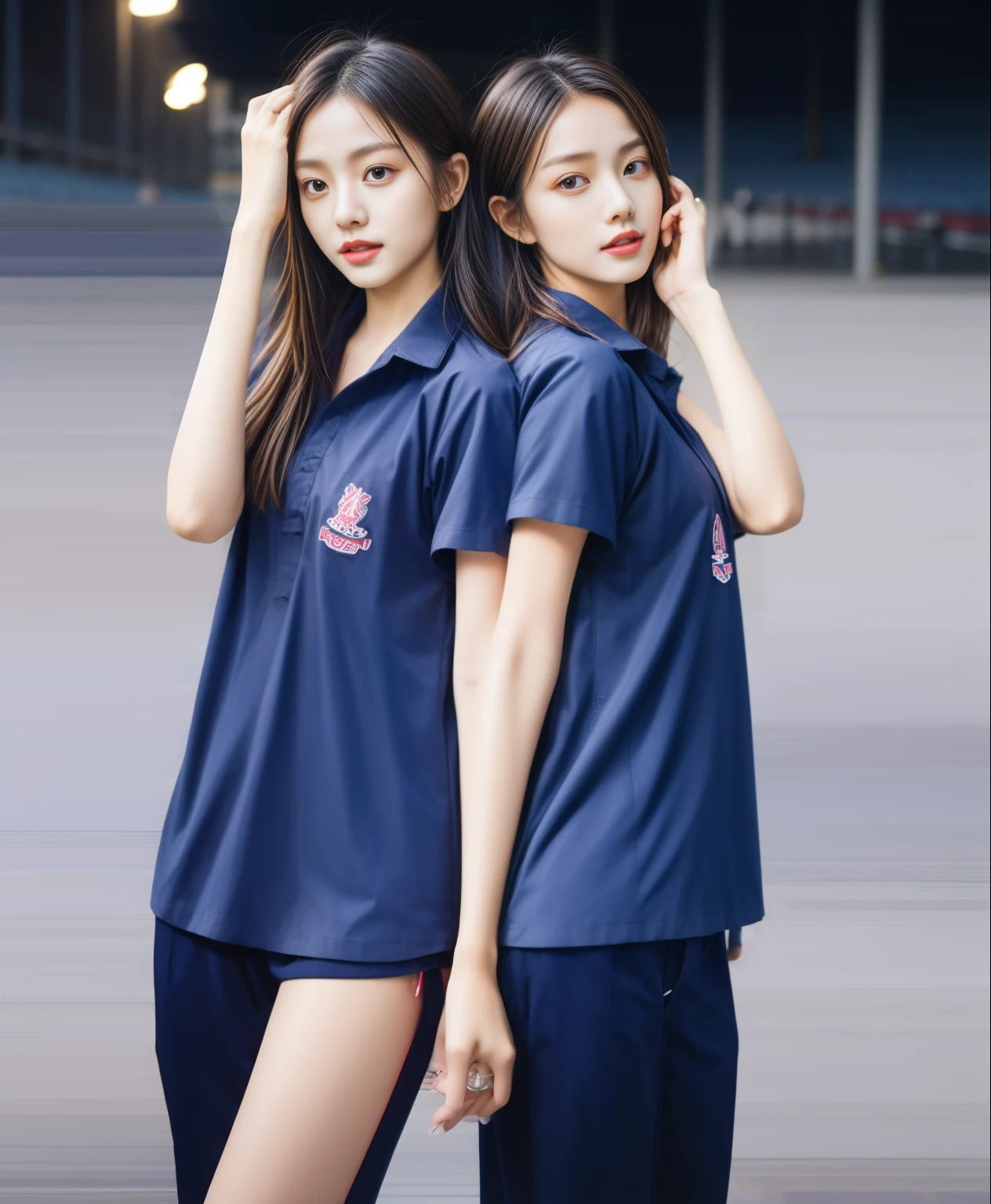 (bestquality,10,10,highres,masterpiece:1.2),ultra-detail,(Realistic,photorealistic portrait,photo-realistic:1.37),1 Cute girl in the football field,oily shiny skin,bara,light smile,BDclothelue shirt:1.3)),short sleeves,shirt, trousers.,(navy_long_Pants Track:1.1), ((Stadium Background:1.3)),dynamic angle,excited,face focus,Dynamic Poses,from behide,Ass Focus,masterpiece, bestquality, ultra realistic, hyper-detail, 8k resolution, RAW photo, crisp focus, ((Navy blue shirt:1.1)), short sleeves, Long Path, Perfect body, 2 mature women, 18yo, cinematic light,Blue sweatpants,Gymware,Correct anatomy,Complete body, Correct body, sharp face, Anatomically correct body, full entire body, Realistic gestures, long-haired, Realistic poses,Wear long shorts.......................................,Long leg span,Shapely,Sculpting Girl, Slender Figure, mannequin mannequins, Shapely, Beautiful body,Blue sweatpants, Two girls kissing