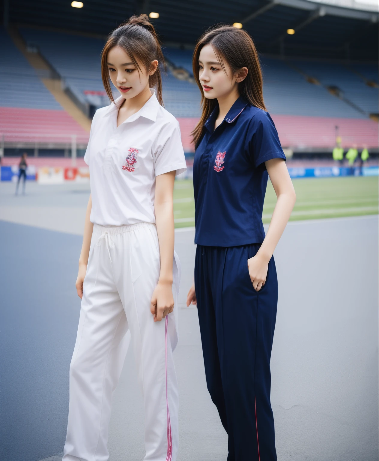 (bestquality,10,10,highres,masterpiece:1.2),ultra-detail,(Realistic,photorealistic portrait,photo-realistic:1.37),1 Cute girl in the football field,oily shiny skin,bara,light smile,BDclothelue shirt:1.3)),short sleeves,shirt, trousers.,(navy_long_Pants Track:1.1), ((Stadium Background:1.3)),dynamic angle,excited,face focus,Dynamic Poses,from behide,Ass Focus,masterpiece, bestquality, ultra realistic, hyper-detail, 8k resolution, RAW photo, crisp focus, ((Navy blue shirt:1.1)), short sleeves, Long Path, Perfect body, 2 mature women, 18yo, cinematic light,Blue sweatpants,Gymware,Correct anatomy,Complete body, Correct body, sharp face, Anatomically correct body, full entire body, Realistic gestures, long-haired, Realistic poses,Wear long shorts.......................................,Long leg span,Shapely,Sculpting Girl, Slender Figure, mannequin mannequins, Shapely, Beautiful body,Blue sweatpants, Two girls kissing